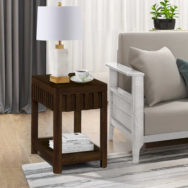Table d’appoint rectangulaire de style maison de campagne de 25 avec étagère de rangement, table de canapé avec pieds en bois massif pour salon, chambre et bureau
