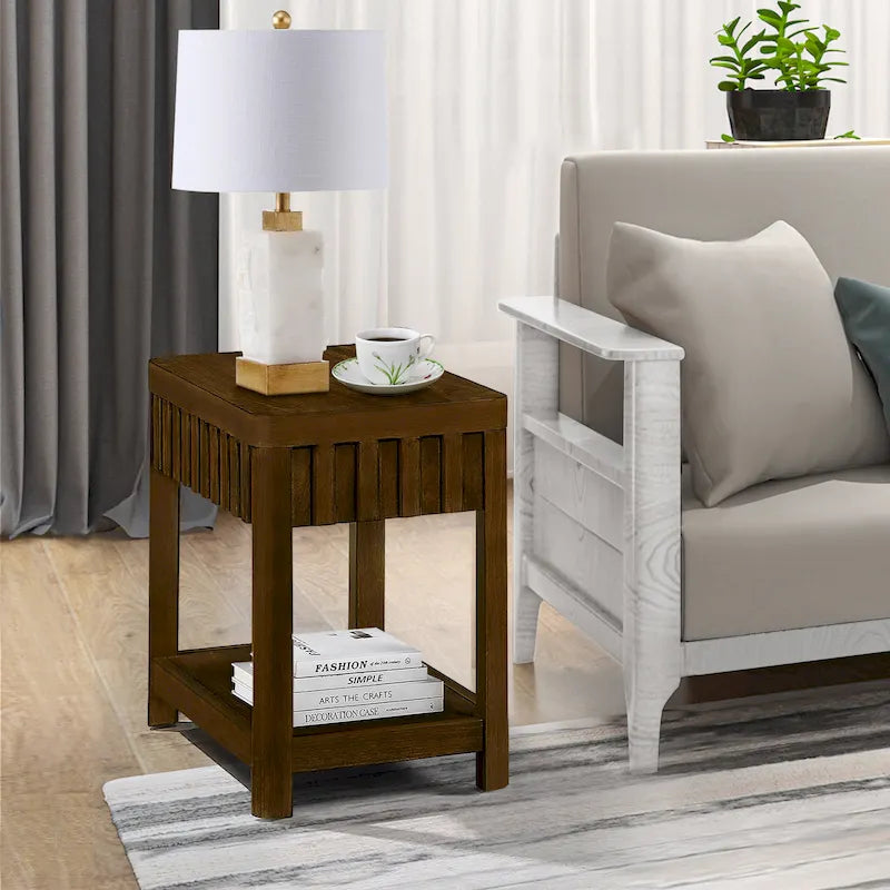 Table d’appoint rectangulaire de style maison de campagne de 25 avec étagère de rangement, table de canapé avec pieds en bois massif pour salon, chambre et bureau