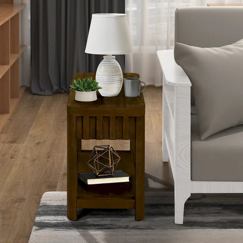 Table d’appoint rectangulaire de style maison de campagne de 25 avec étagère de rangement, table de canapé avec pieds en bois massif pour salon, chambre et bureau