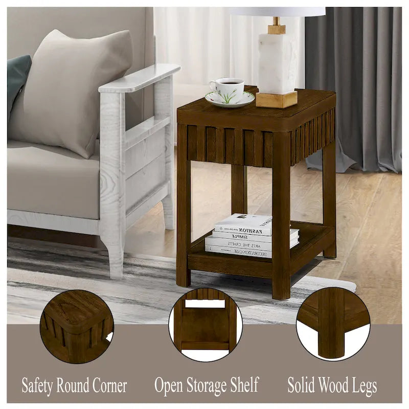Table d’appoint rectangulaire de style maison de campagne de 25 avec étagère de rangement, table de canapé avec pieds en bois massif pour salon, chambre et bureau