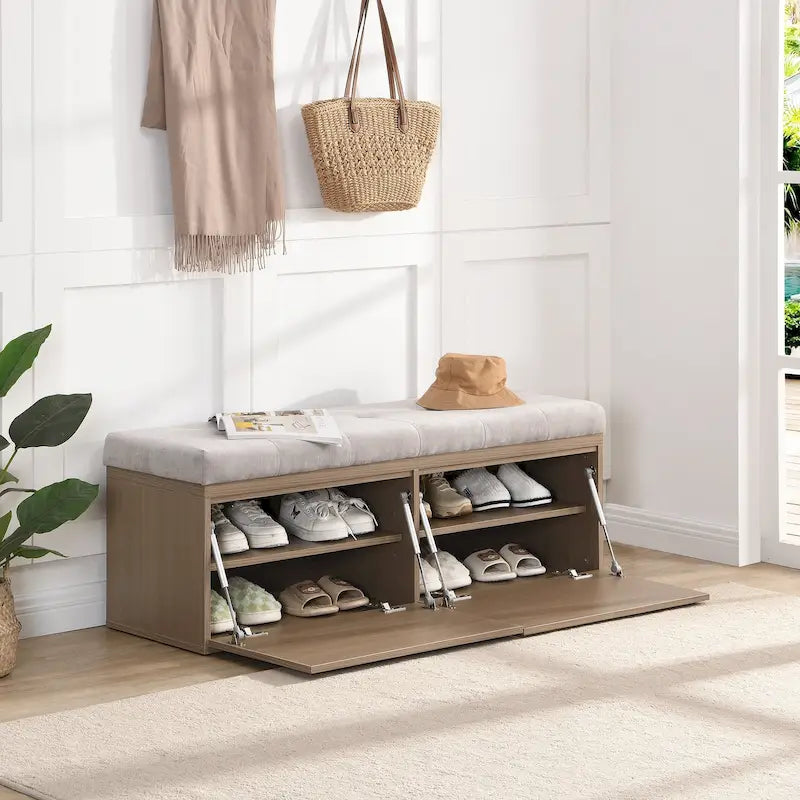 Banc à chaussures d’entrée de 49 avec deux portes et coussin rembourré, pouf gain de place