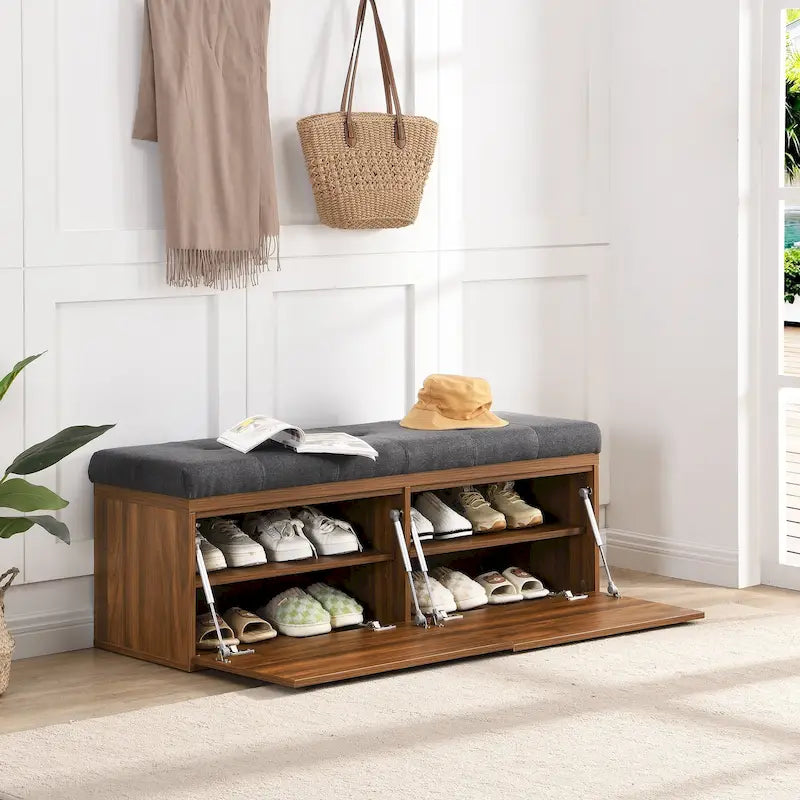 Banc à chaussures d’entrée de 49 avec deux portes et coussin rembourré, pouf gain de place