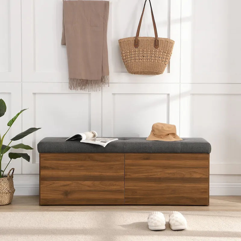 Banc à chaussures d’entrée de 49 avec deux portes et coussin rembourré, pouf gain de place