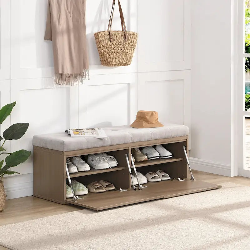 Banc à chaussures d’entrée de 49 avec deux portes et coussin rembourré, pouf gain de place