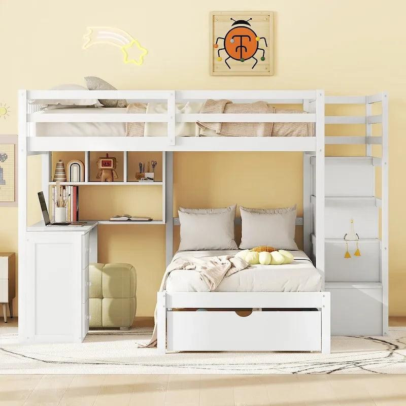Lit superposé grand format en bas et simple en haut avec bureau, tiroirs et étagères