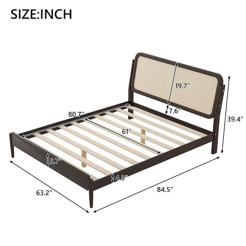 Lit plateforme de taille queen avec rangement en bois, éclairage LED et tête de lit en rotin
