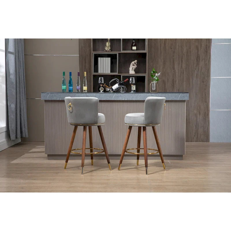 Set aus 2 Barhockern, drehbar, mit Holzbeinen und Fußstütze, gepolsterte Kücheninsel-Hocker mit Rückenlehne