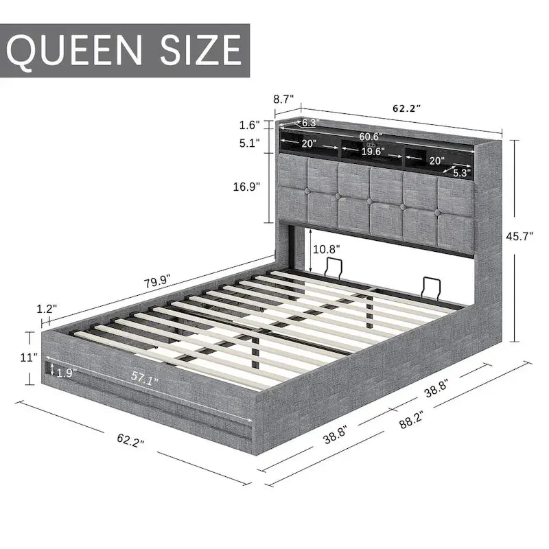 Lit avec rangement relevable/tête de lit moderne à oreilles/cadre de lit plateforme rembourré/rangement hydraulique