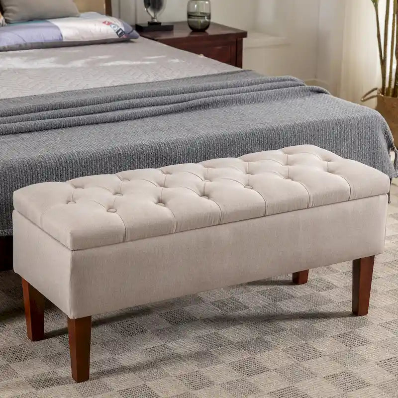Banc coffre de rangement en tissu avec pieds en bois d’hévéa