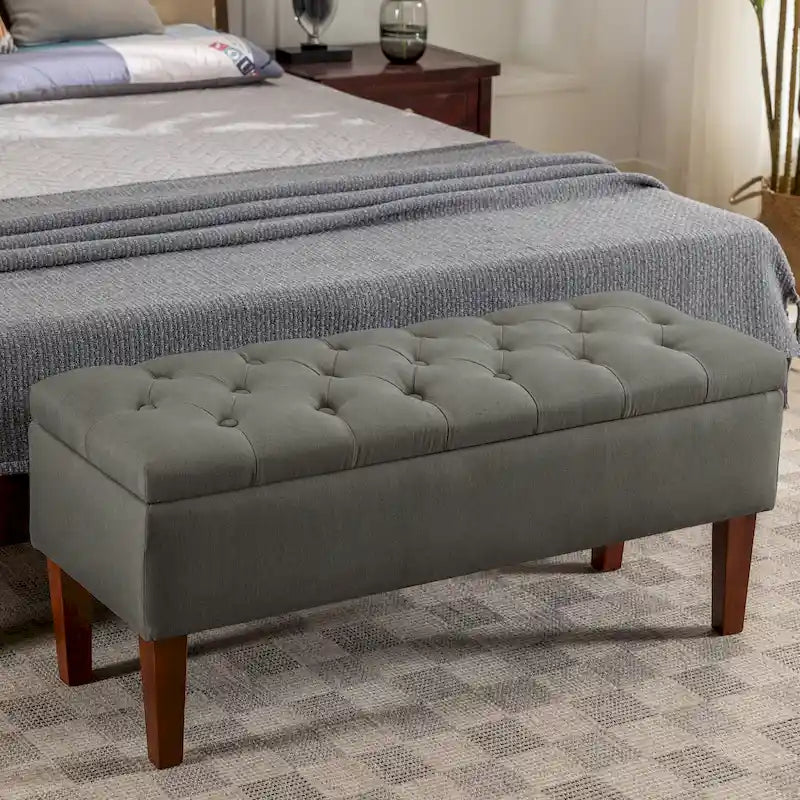 Banc coffre de rangement en tissu avec pieds en bois d’hévéa