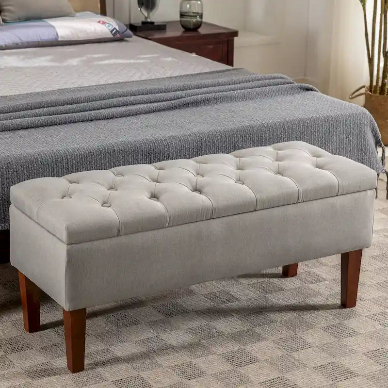 Banc coffre de rangement en tissu avec pieds en bois d’hévéa