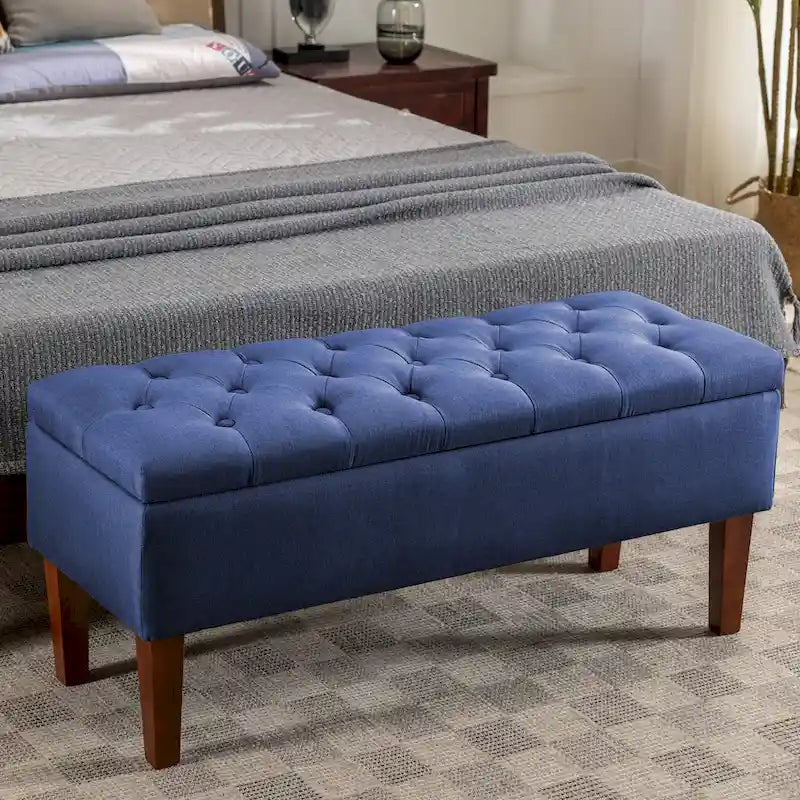 Banc coffre de rangement en tissu avec pieds en bois d’hévéa