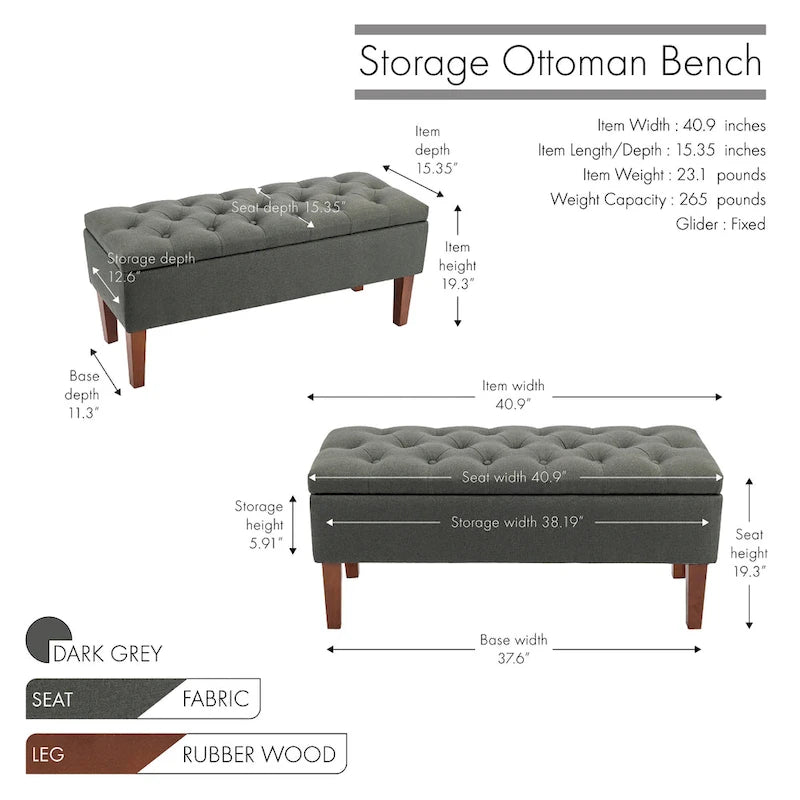 Banc coffre de rangement en tissu avec pieds en bois d’hévéa