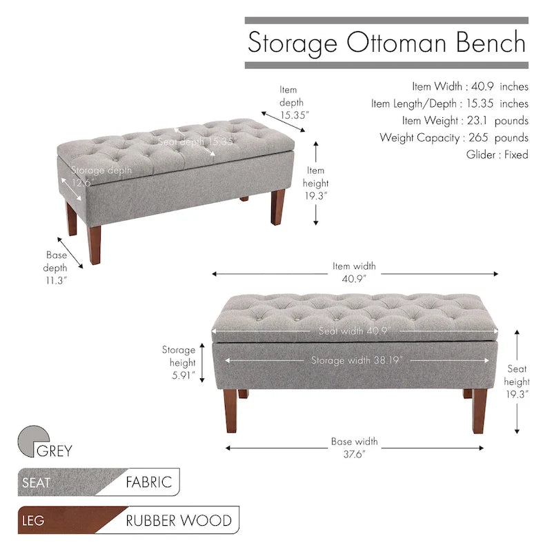 Banc coffre de rangement en tissu avec pieds en bois d’hévéa