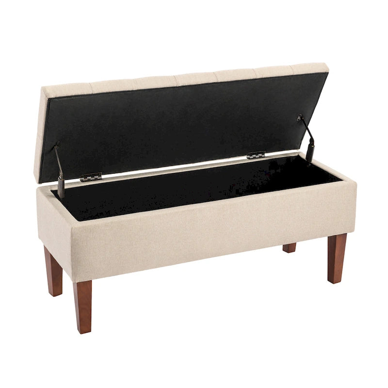 Banc coffre de rangement en tissu avec pieds en bois d’hévéa