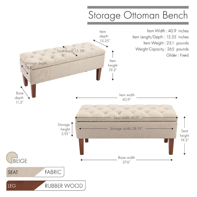 Banc coffre de rangement en tissu avec pieds en bois d’hévéa