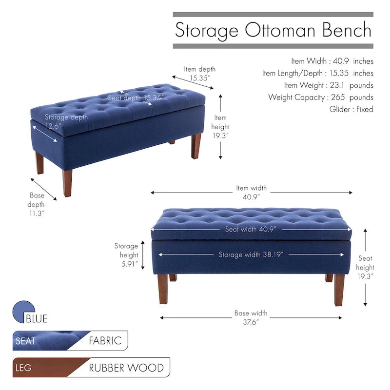 Banc coffre de rangement en tissu avec pieds en bois d’hévéa