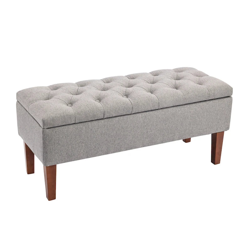 Banc coffre de rangement en tissu avec pieds en bois d’hévéa