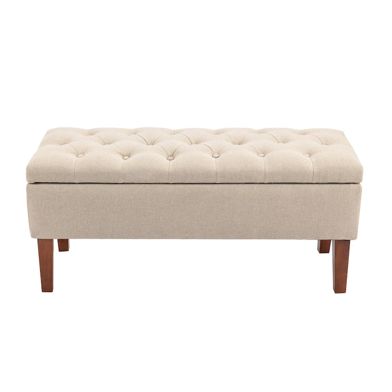 Banc coffre de rangement en tissu avec pieds en bois d’hévéa