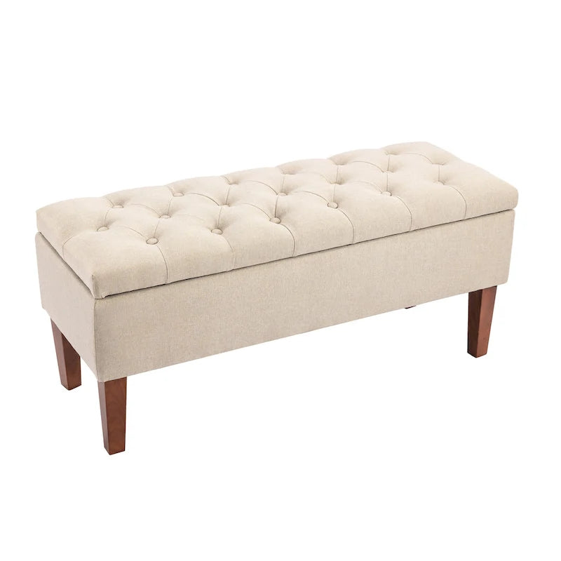 Banc coffre de rangement en tissu avec pieds en bois d’hévéa