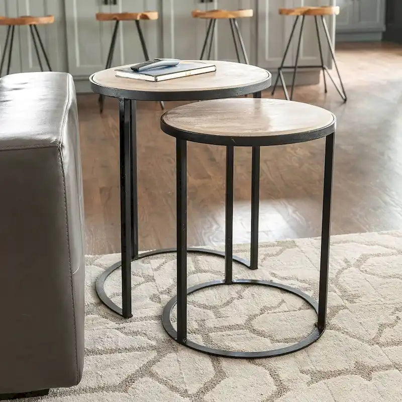 Beistelltisch-Set aus Naturholz und Eisen (2-teilig)