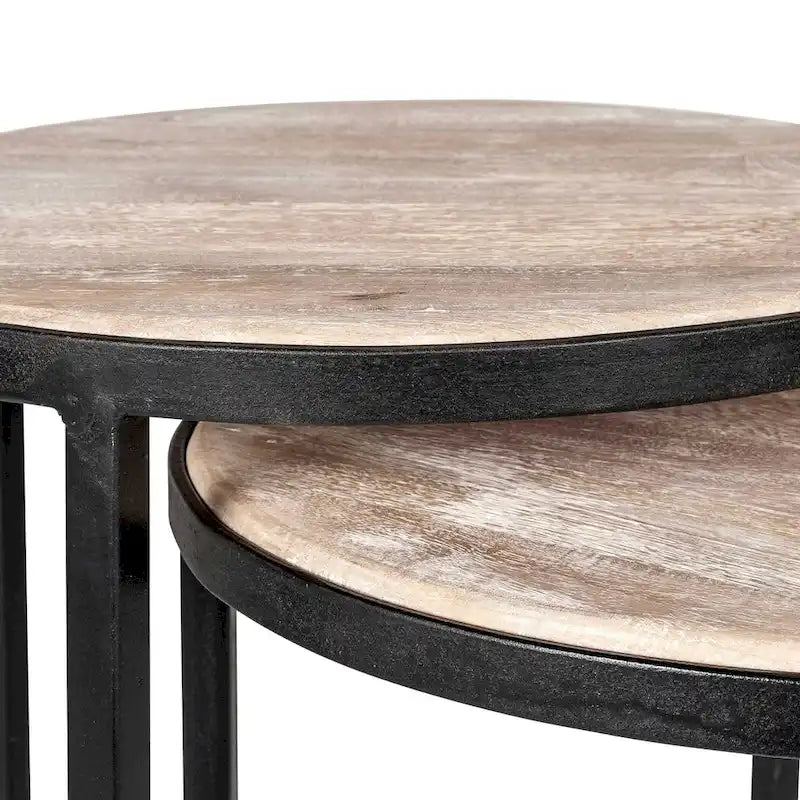 Ensemble de tables d’appoint en bois naturel et fer (ensemble de 2 pièces)