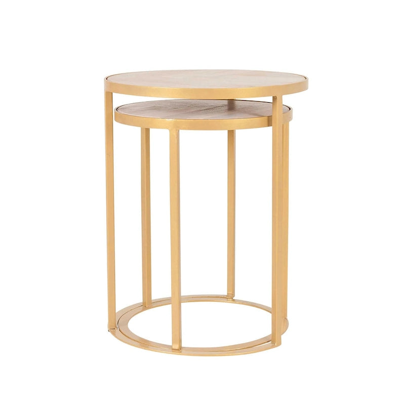 Ensemble de tables d’appoint en bois naturel et fer (ensemble de 2 pièces)