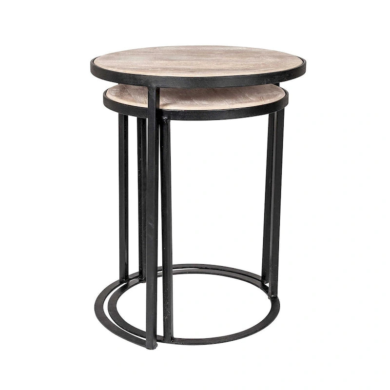 Ensemble de tables d’appoint en bois naturel et fer (ensemble de 2 pièces)