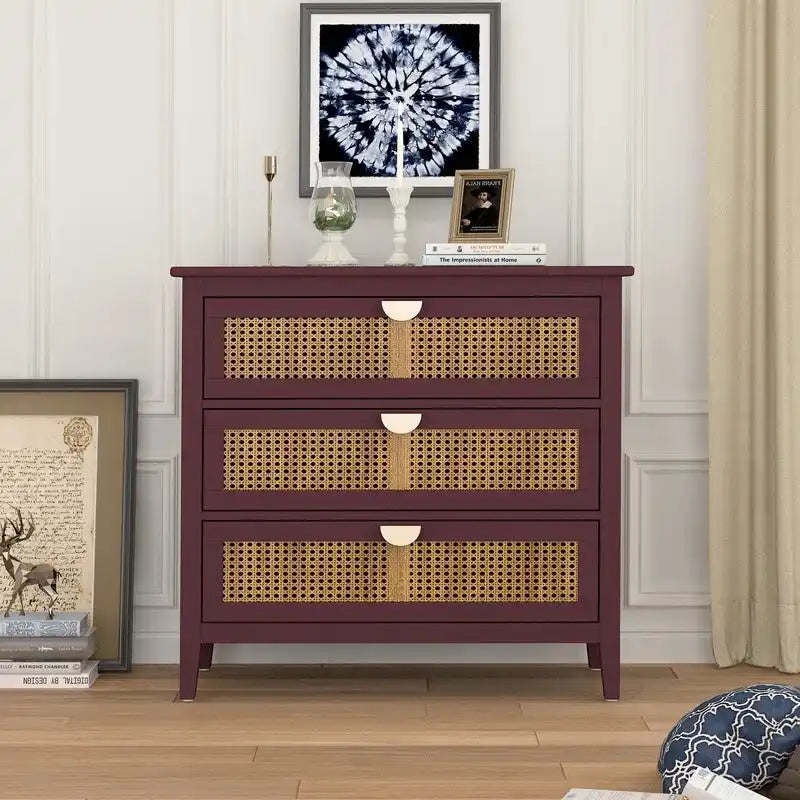 Commode de rangement en rotin naturel à 3 tiroirs