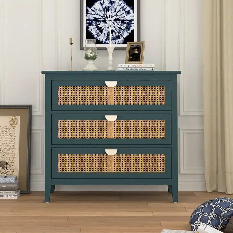 Commode de rangement en rotin naturel à 3 tiroirs
