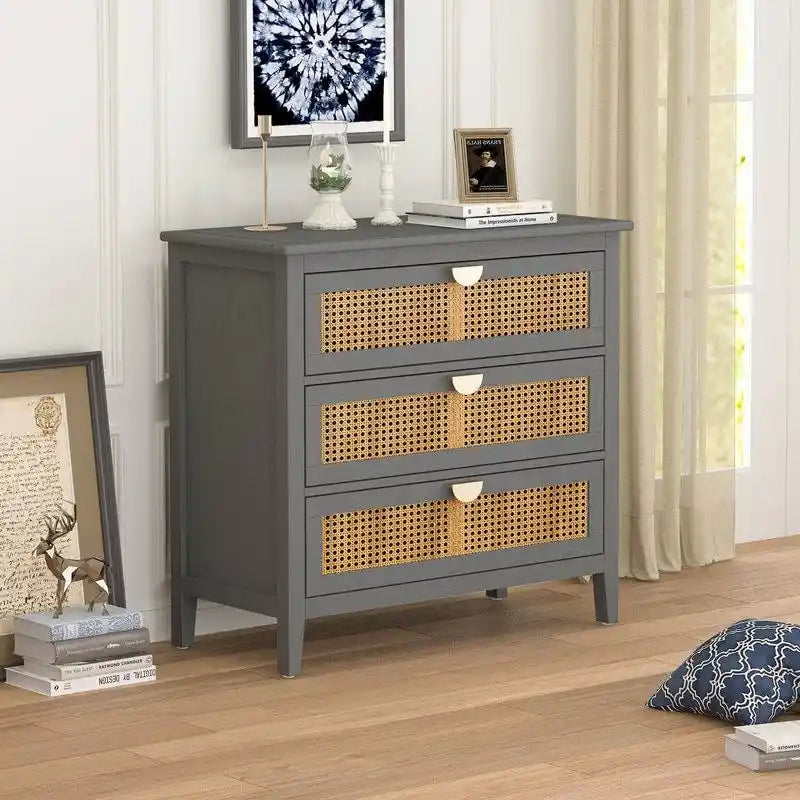 Commode de rangement en rotin naturel à 3 tiroirs