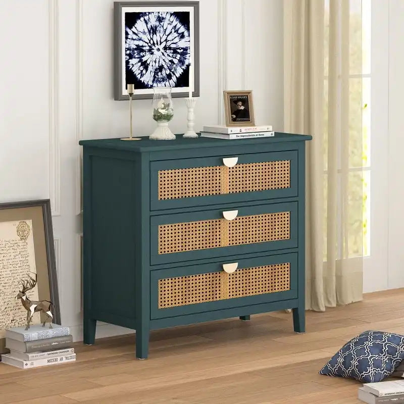 Commode de rangement en rotin naturel à 3 tiroirs