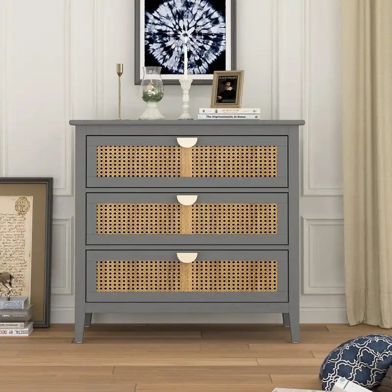 Commode de rangement en rotin naturel à 3 tiroirs