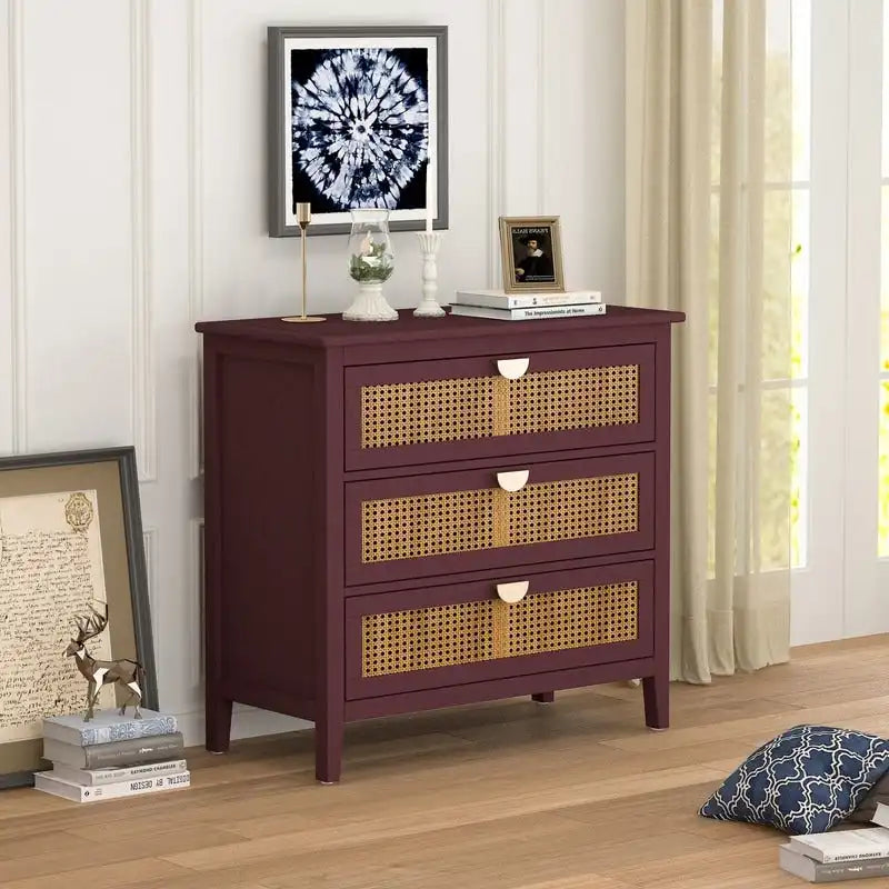 Commode de rangement en rotin naturel à 3 tiroirs