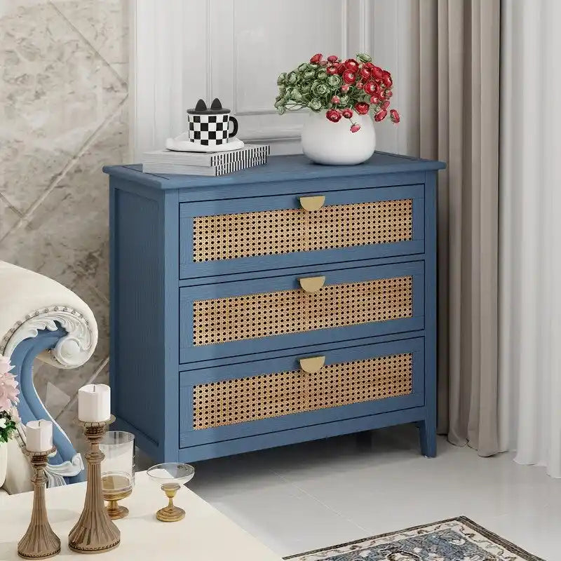 Commode de rangement en rotin naturel à 3 tiroirs