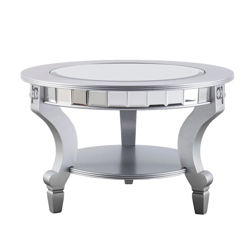 Table basse ronde contemporaine à plateau miroir, détails argent mat et étagère