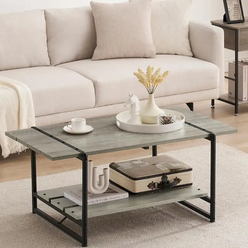 Mesa de centro industrial moderna grande de madera de 41 con 2 niveles y estante de almacenamiento