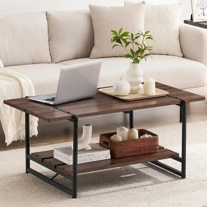 Grande table basse industrielle moderne en bois à 2 niveaux, 41, avec étagère de rangement