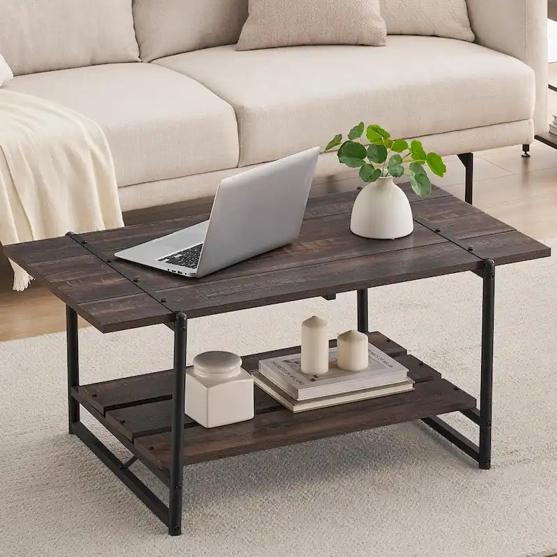 Grande table basse industrielle moderne en bois à 2 niveaux, 41, avec étagère de rangement