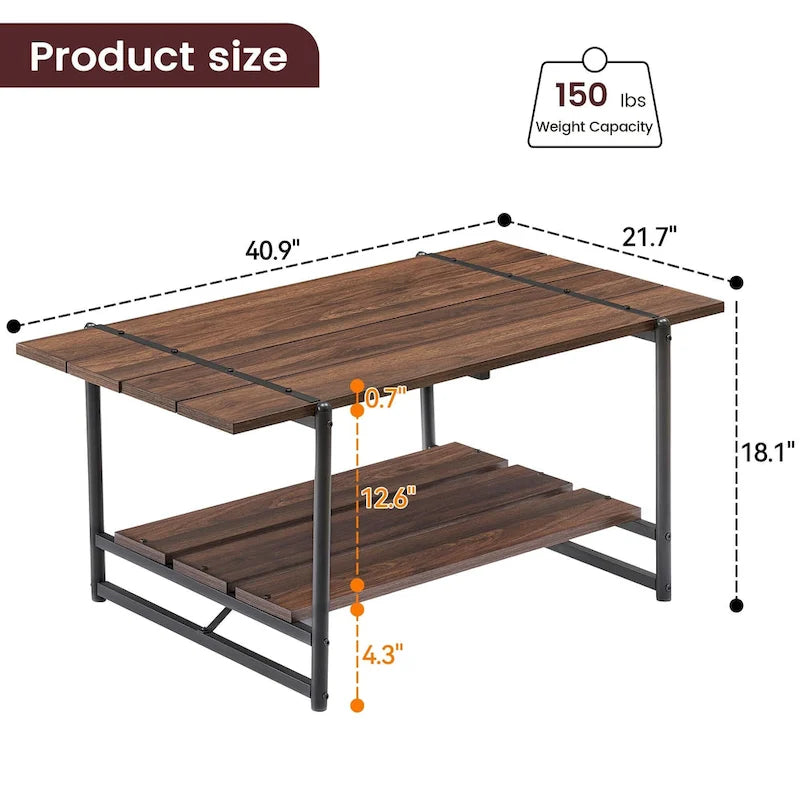 Grande table basse industrielle moderne en bois à 2 niveaux, 41, avec étagère de rangement