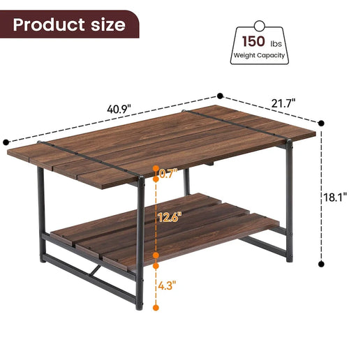 Moderner Couchtisch im Industrial-Stil mit 2 Ebenen, 41, aus Holz mit großem Ablagefach