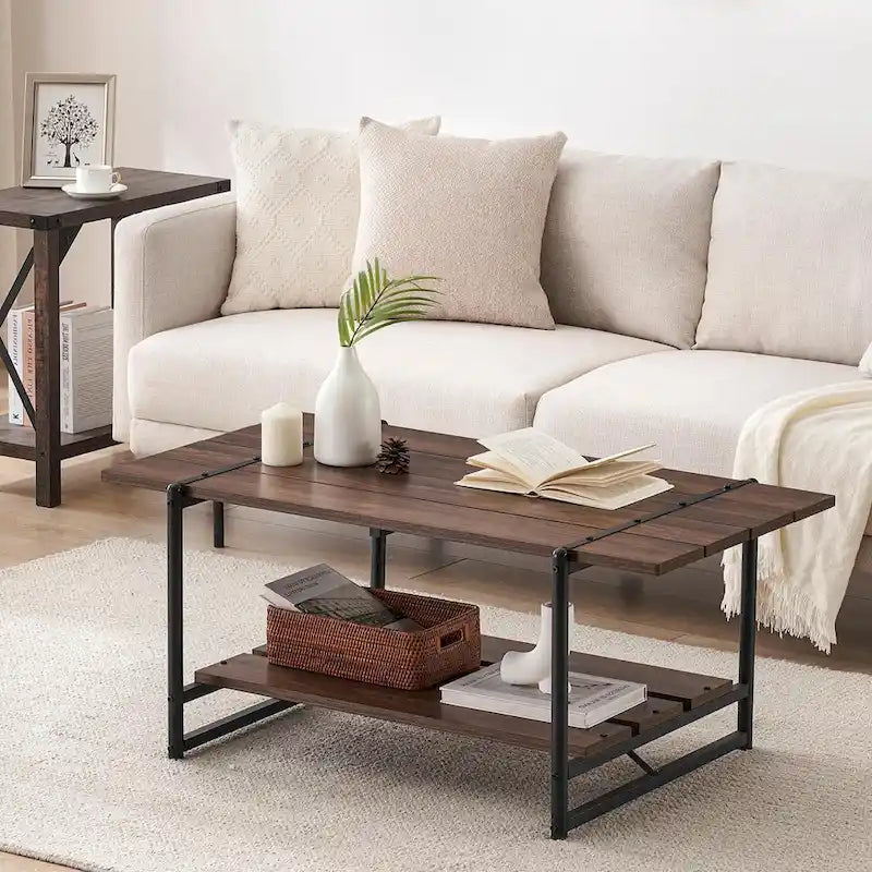 Grande table basse industrielle moderne en bois à 2 niveaux, 41, avec étagère de rangement