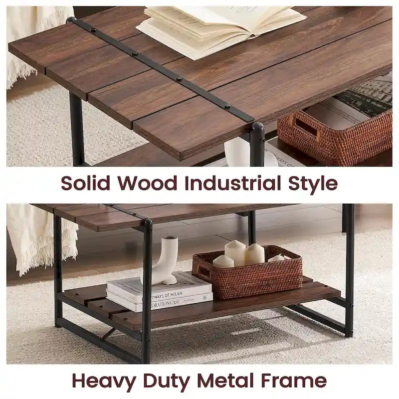 Grande table basse industrielle moderne en bois à 2 niveaux, 41, avec étagère de rangement