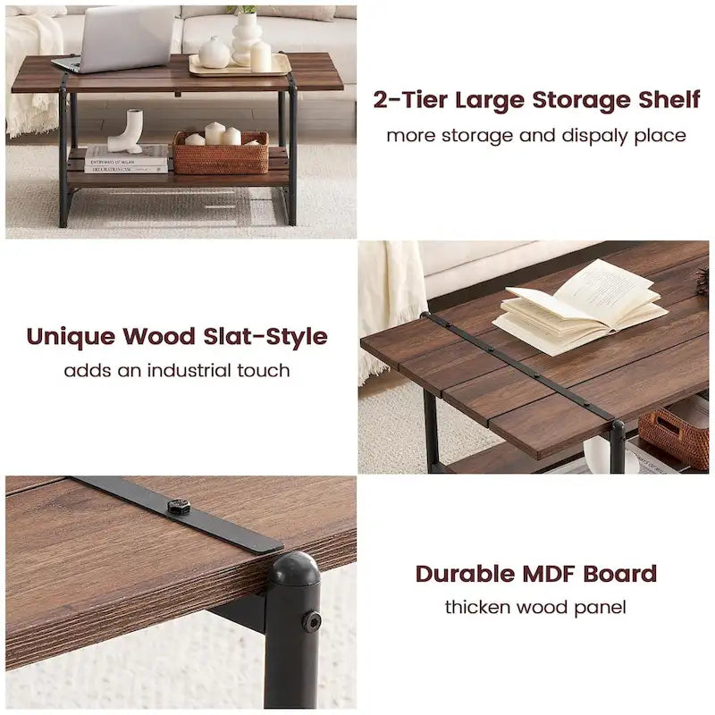 Mesa de centro industrial moderna grande de madera de 41 con 2 niveles y estante de almacenamiento