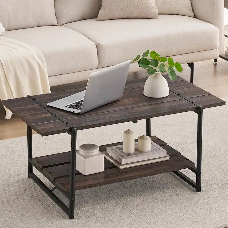 Mesa de centro industrial moderna grande de madera de 41 con 2 niveles y estante de almacenamiento