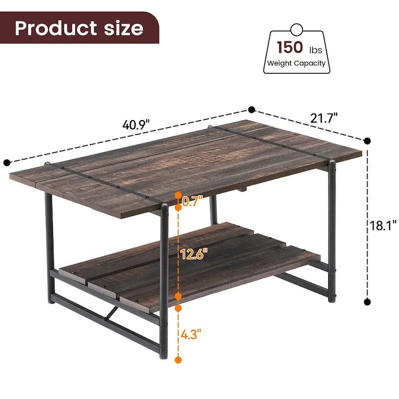 Mesa de centro industrial moderna grande de madera de 41 con 2 niveles y estante de almacenamiento