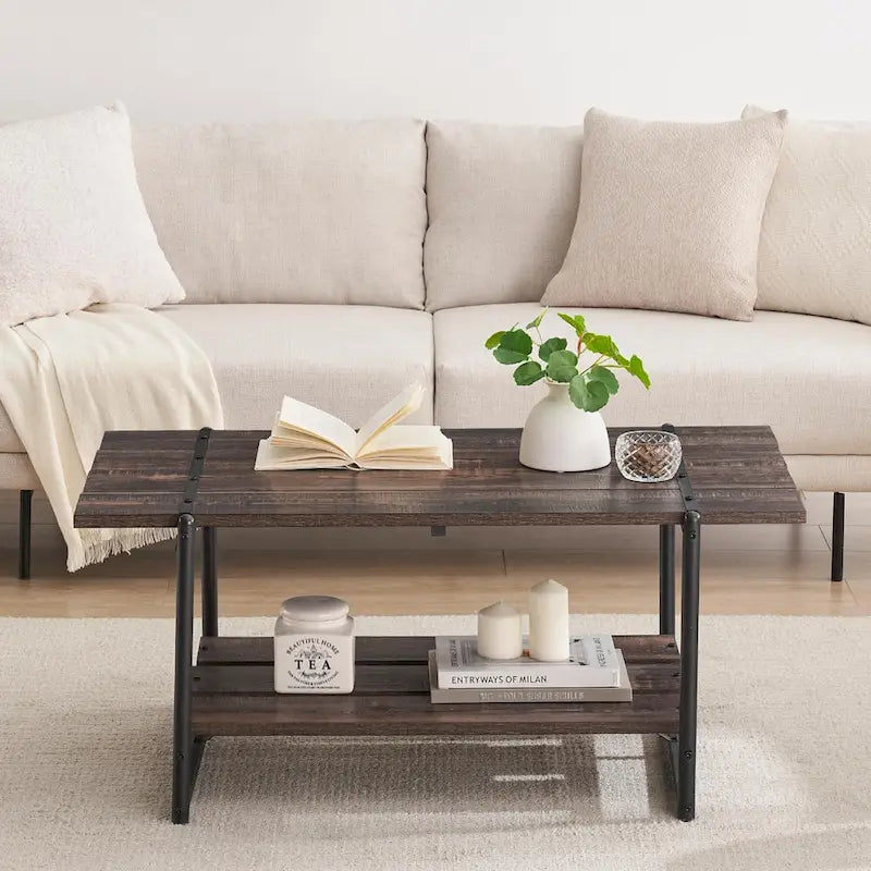 Mesa de centro industrial moderna grande de madera de 41 con 2 niveles y estante de almacenamiento