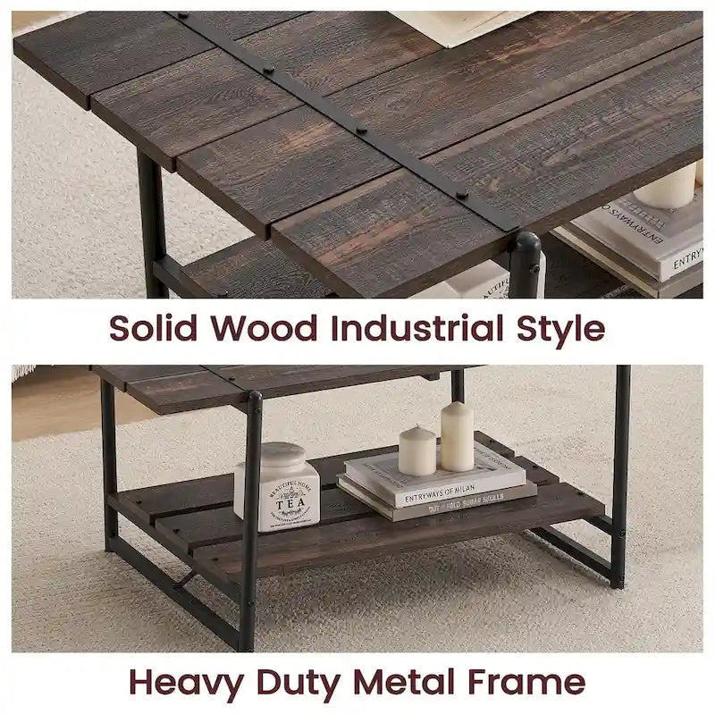 Mesa de centro industrial moderna grande de madera de 41 con 2 niveles y estante de almacenamiento