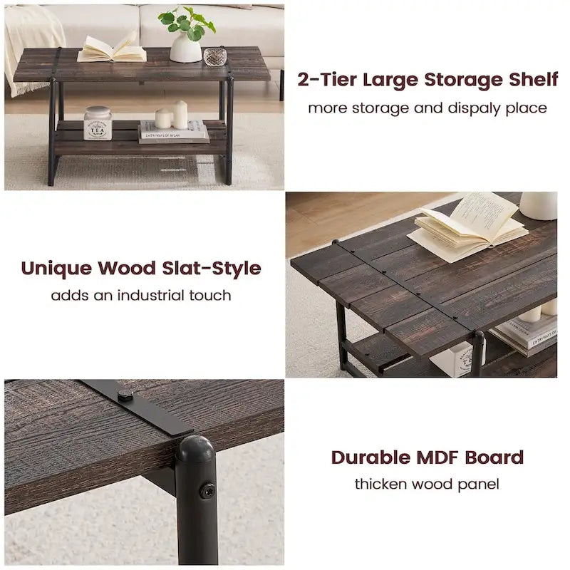 Mesa de centro industrial moderna grande de madera de 41 con 2 niveles y estante de almacenamiento