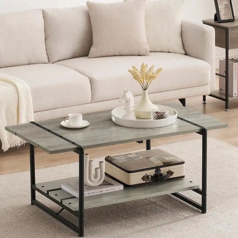 Mesa de centro industrial moderna grande de madera de 41 con 2 niveles y estante de almacenamiento